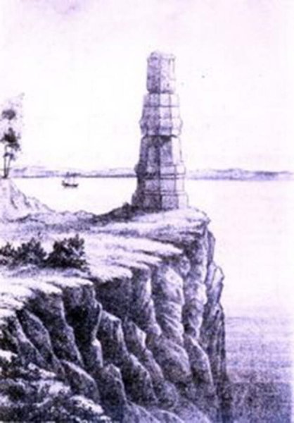 Каменная колонна на Тырском Утесе Амура. Рис. Г.М. Пермикина, 1858 год