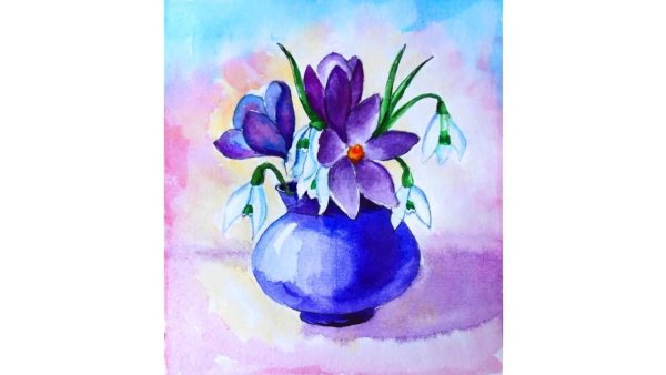 Ваза с цветами акварелью для начинающих