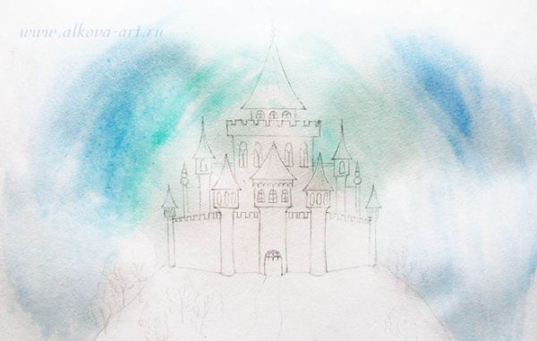 Поэтапное рисование замка снежной королевы для детей