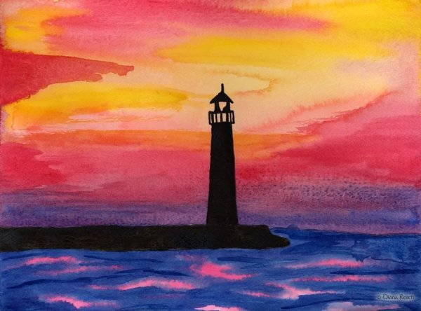 Закат акварелью для детей легко