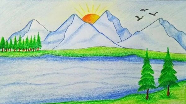 Горный пейзаж карандашом