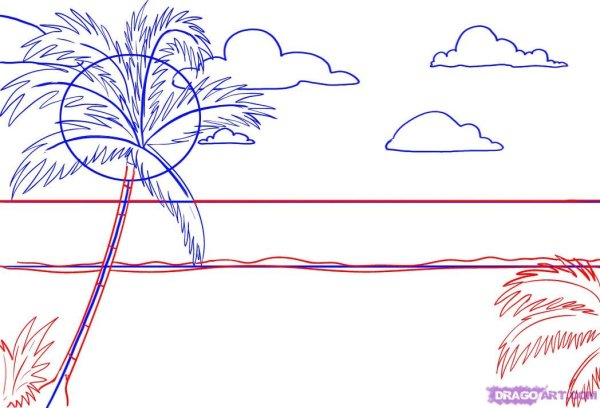 Пейзаж с пальмами и дельфинами