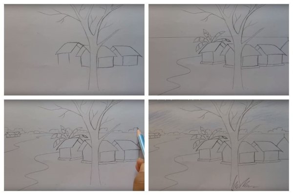 Летний пейзаж цветными карандашами