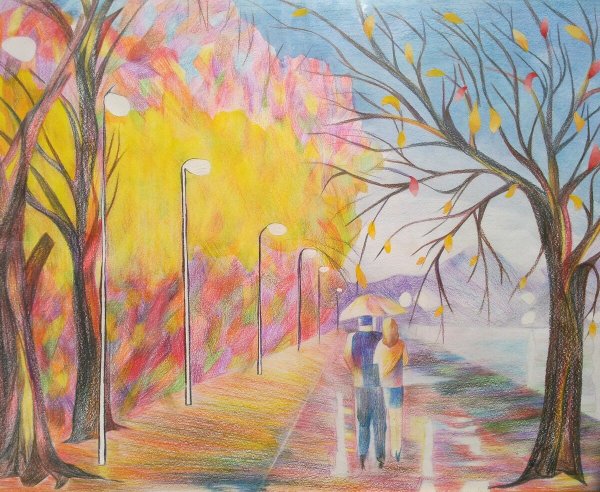 Осень цветными карандашами