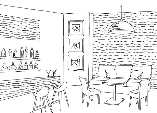 Интерьер кафе рисунок легкий