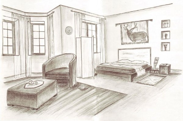 Интерьер комнаты карандашом