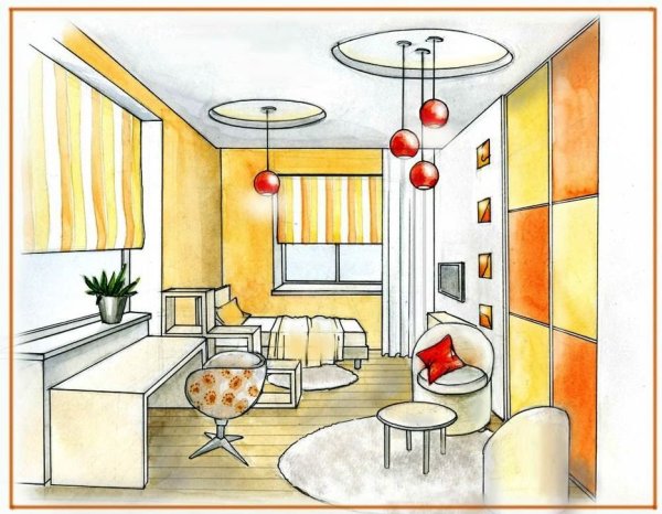 Эскиз комнаты в перспективе