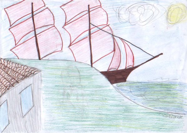 Корабль Алые паруса цветными карандашами