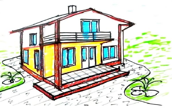 Объемный дом карандашом