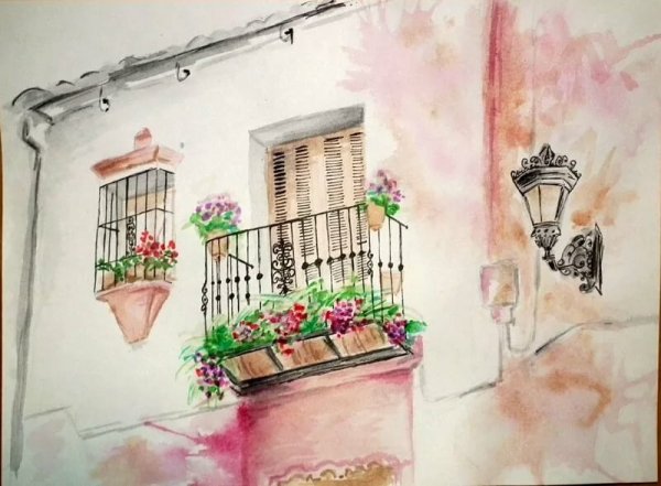 Балкон с цветами акварель