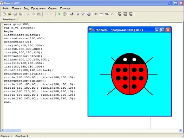 Божья коровка в программе Паскаль АБС