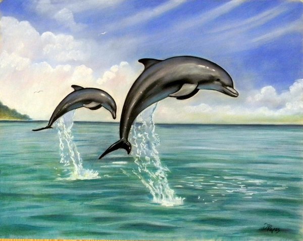 Рисование дельфинов в море