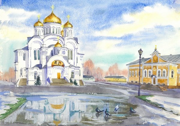 Псков церкви акварелью