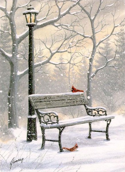 Скамейки с фонарями в зимнем парке