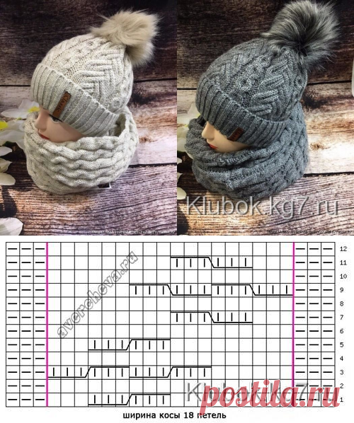 Шапка с поперечными косами спицами схема описание