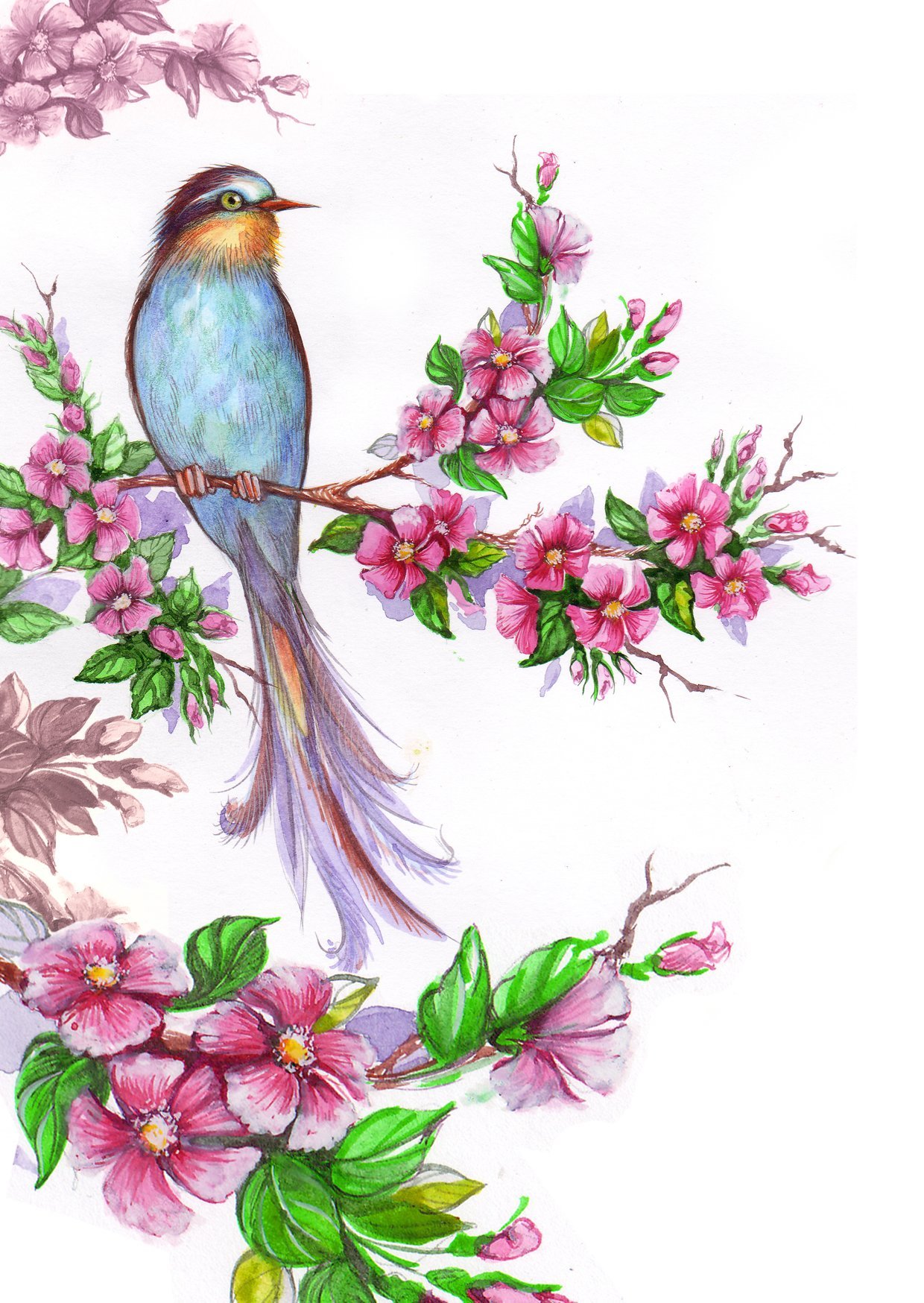 Птица с цветами рисунок