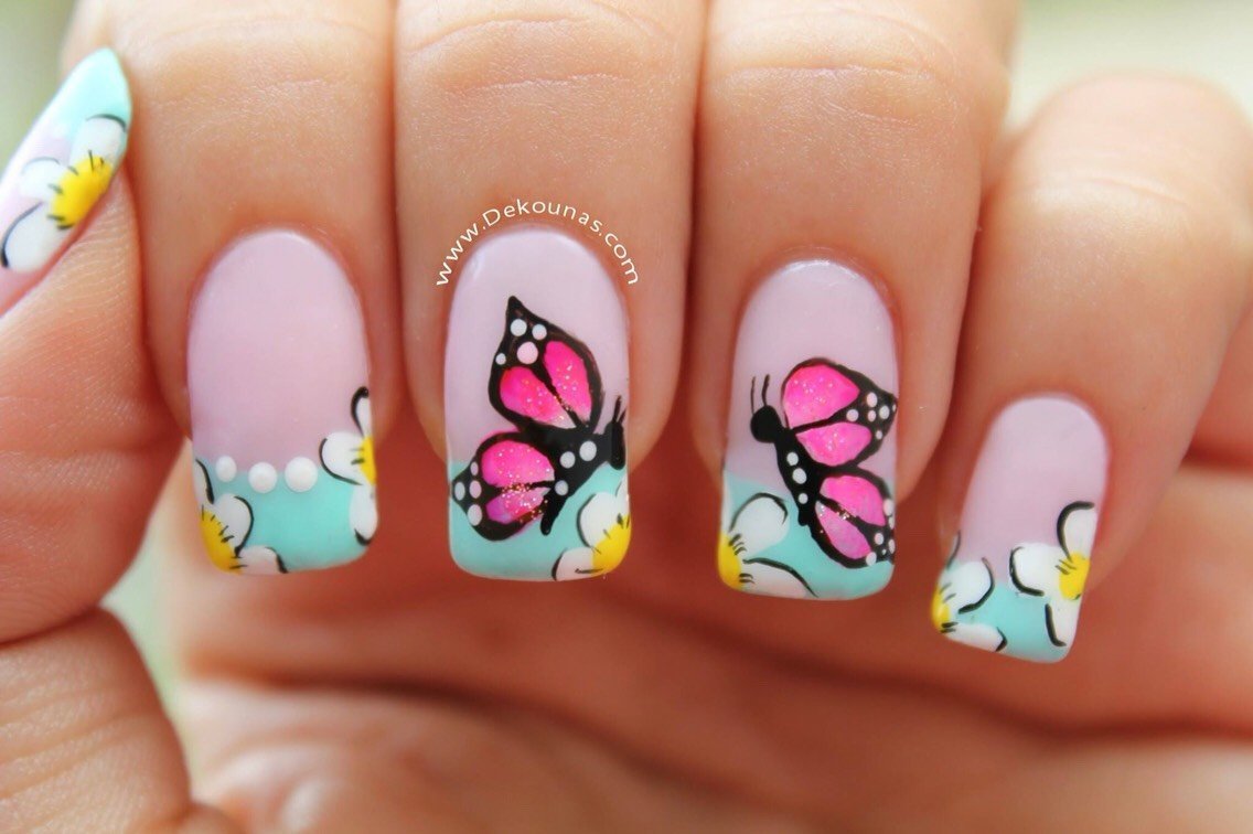 Летние рисунки животных бабочек на ногтях
