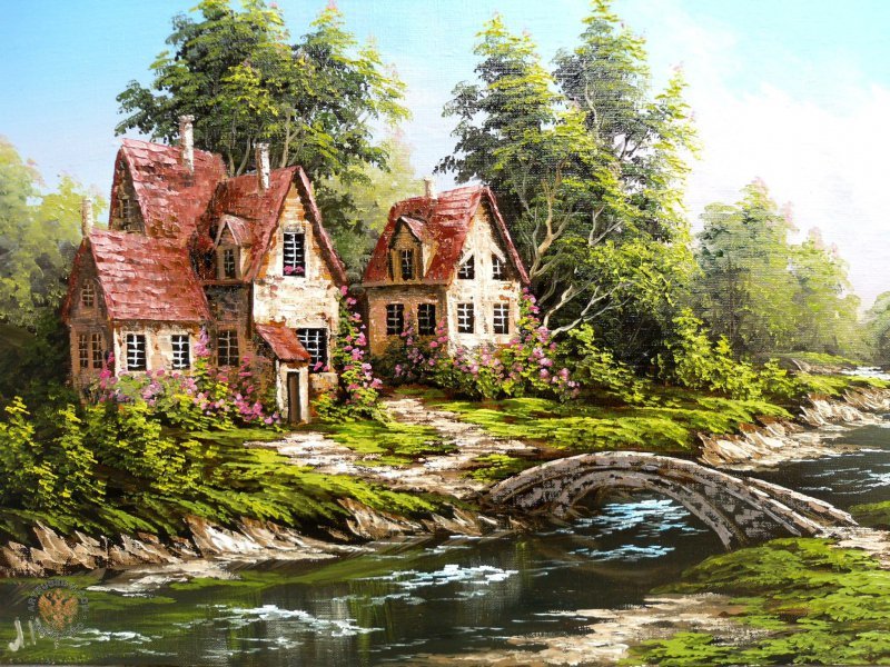 Река домов картина. Красивый пейзаж с домом. Вышивка домик. Вышивка крестиком домик. Пейзаж с домиком.
