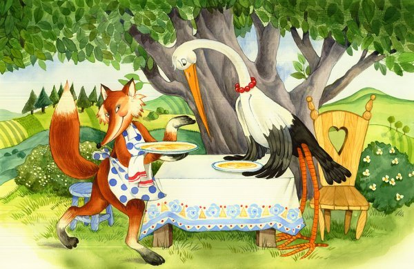 Детские рисунки к сказке лиса и журавль