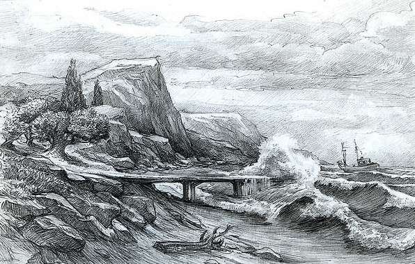 Морской пейзаж карандашом