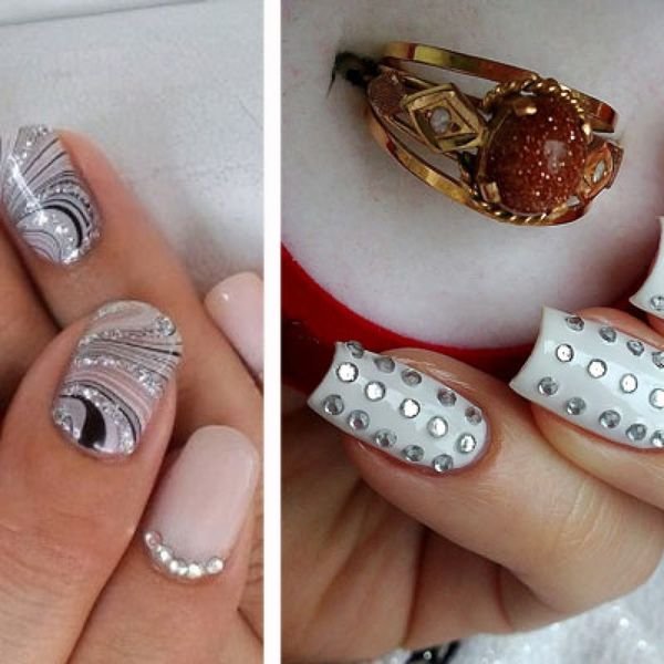 Простые узоры стразами на ногтях