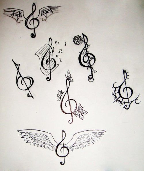 Тату скрипичный ключ с крыльями
