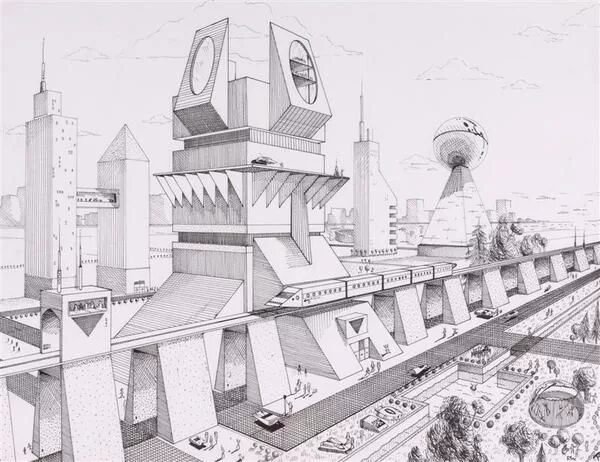 Эскиз города будущего карандашом