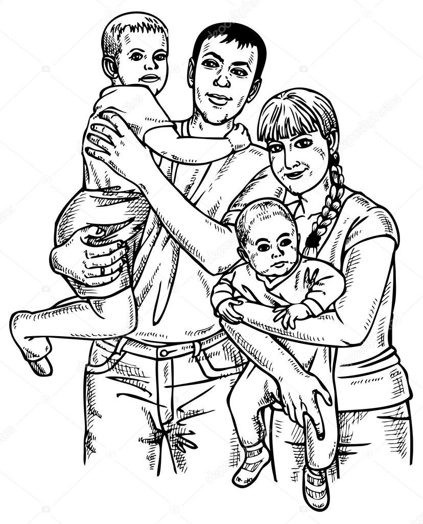 Рисунок семьи из 4 человек карандашом