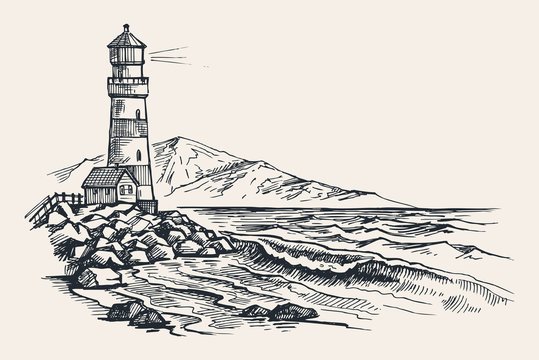 Маяк на берегу гравюра