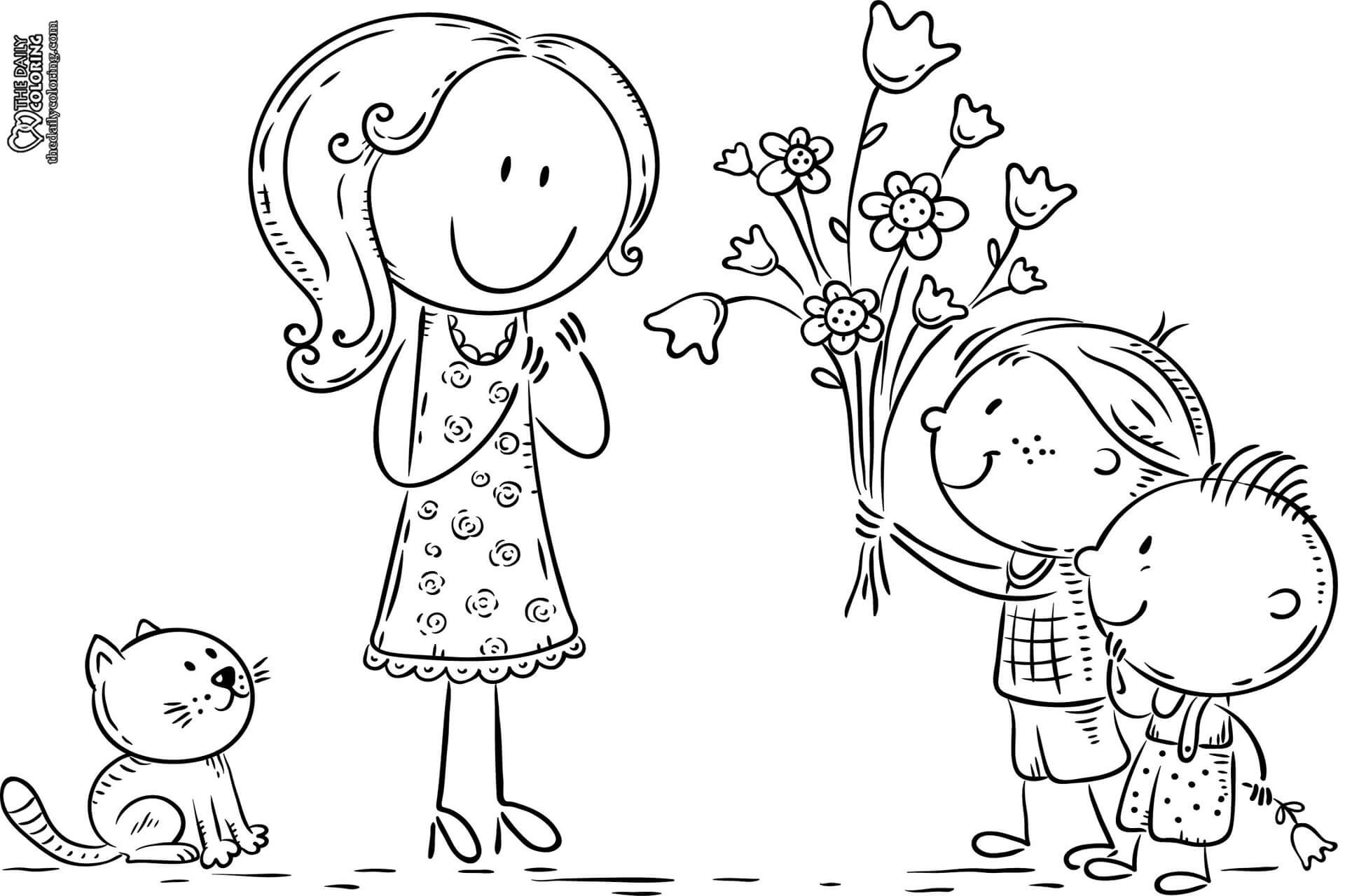 Дети дарят цветы маме раскраска