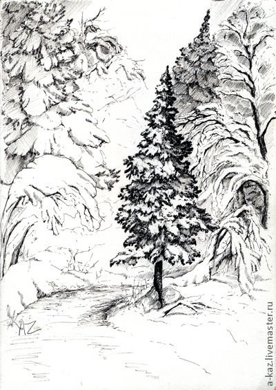 Зимний лес карандашом