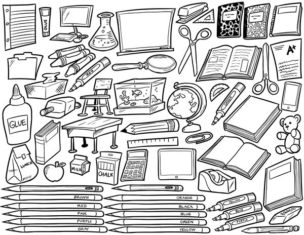 Раскраска школьные принадлежности