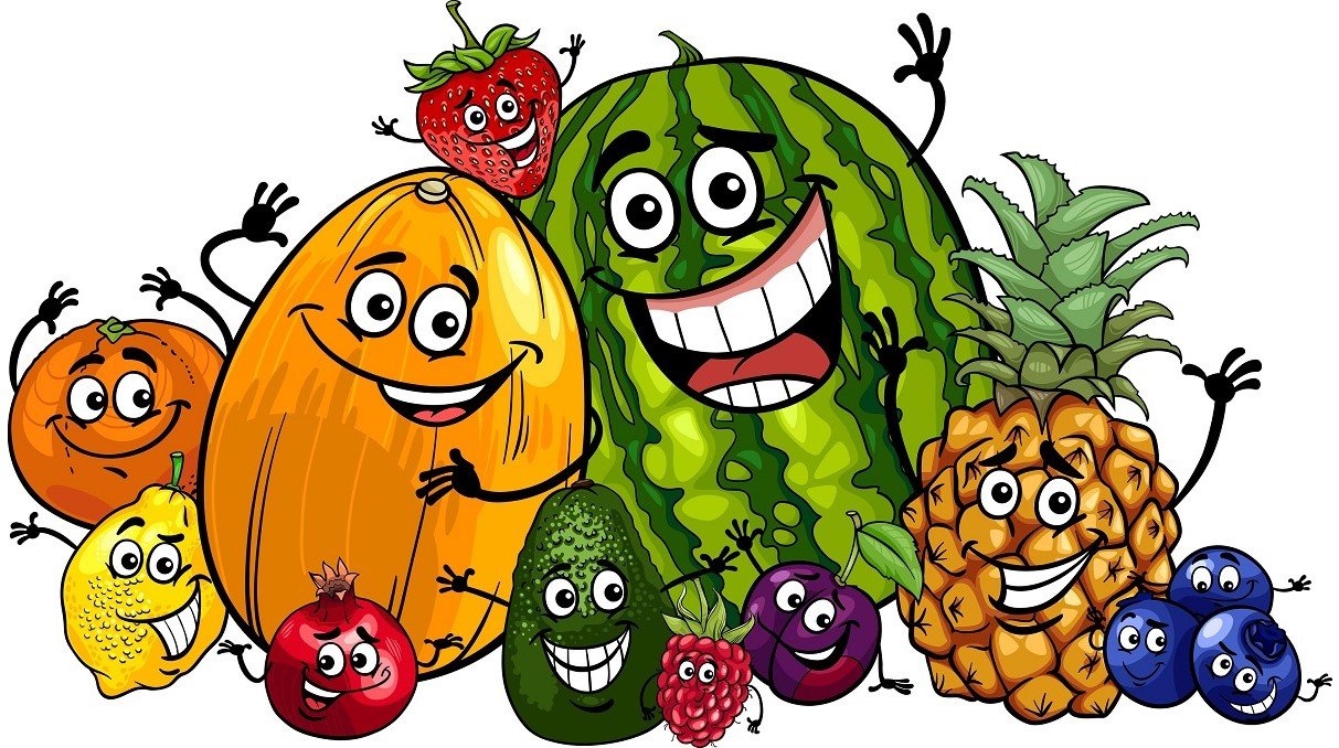 Веселые овощи и фрукты здоровое питание