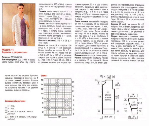 Кардиган узором соты спицами схема и описание вязания