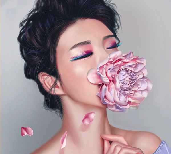Девушка с цветами арт