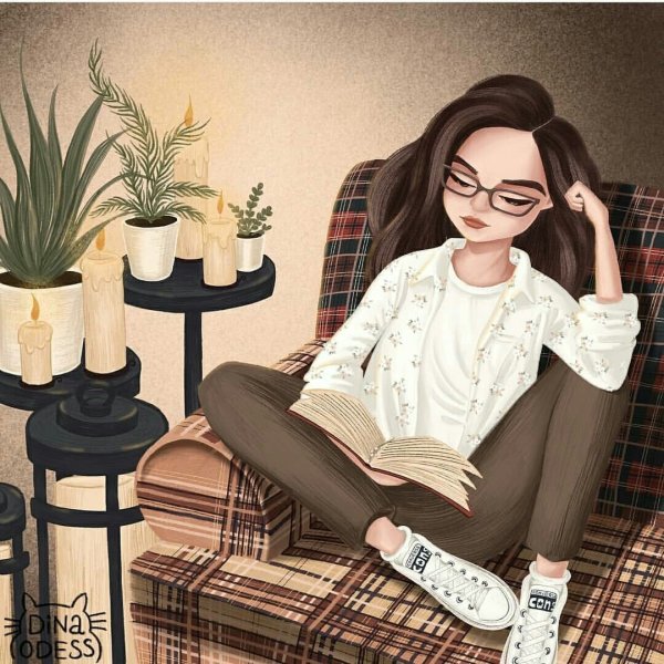 Нарисованная девушка с книгой в руках