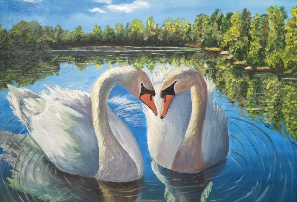 Живопись лебеди на озере