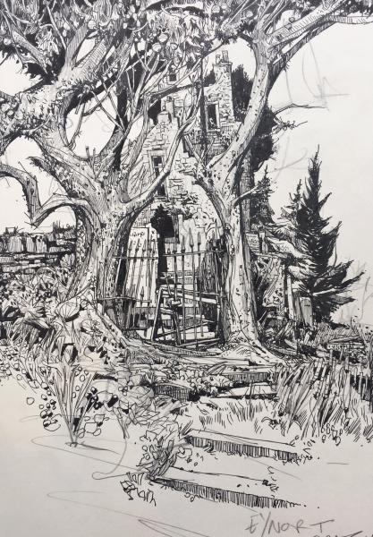 Пейзаж тушью и пером Церковь