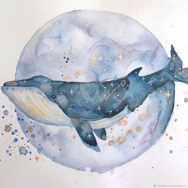 Кит и корабль акварель