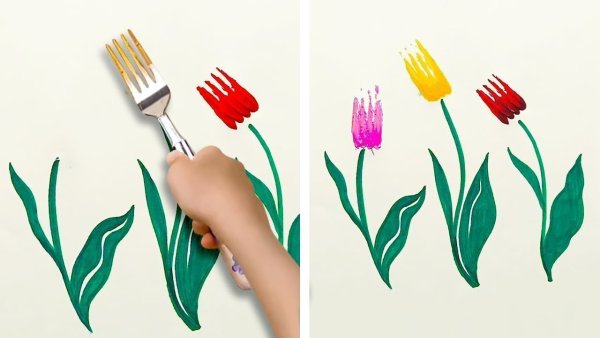 Рисование тюльпанов вилкой