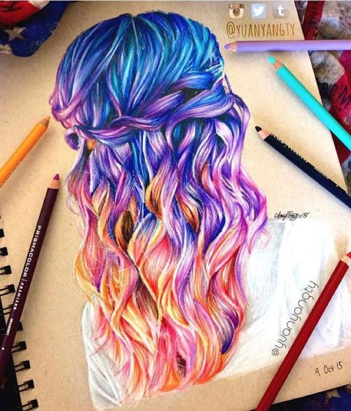 Рисование волос цветными карандашами