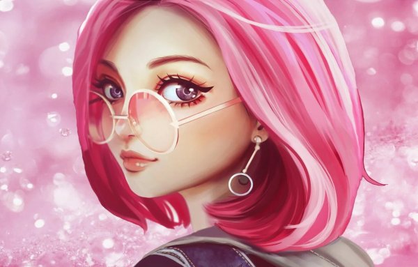 Девочка с розовыми волосами в очках