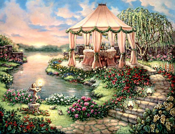 Картина беседка у пруда