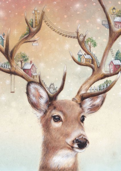 Зимний лес акварель олень