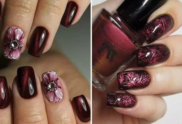 Маникюр кошачий глаз красный розовый