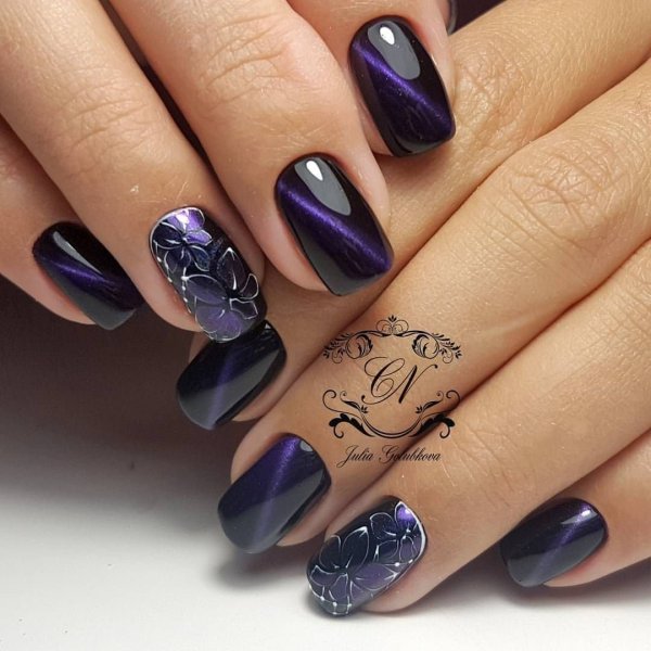 Маникюр кошачий глаз с дизайном