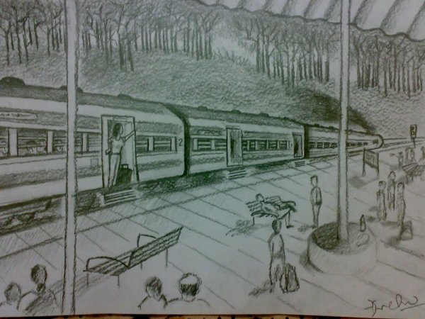 Поезд на вокзале рисунок