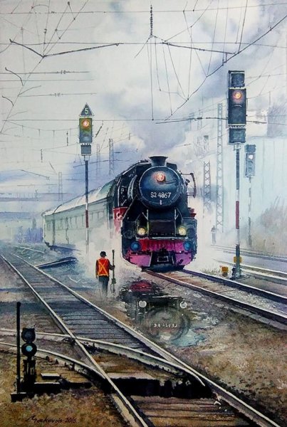 Железная дорога акварель