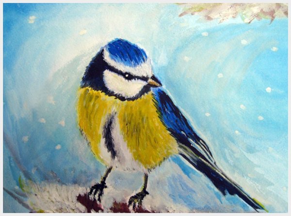 Рисование красками синичка
