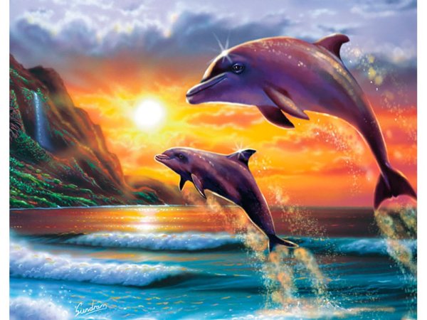 Морской пейзаж с дельфинами